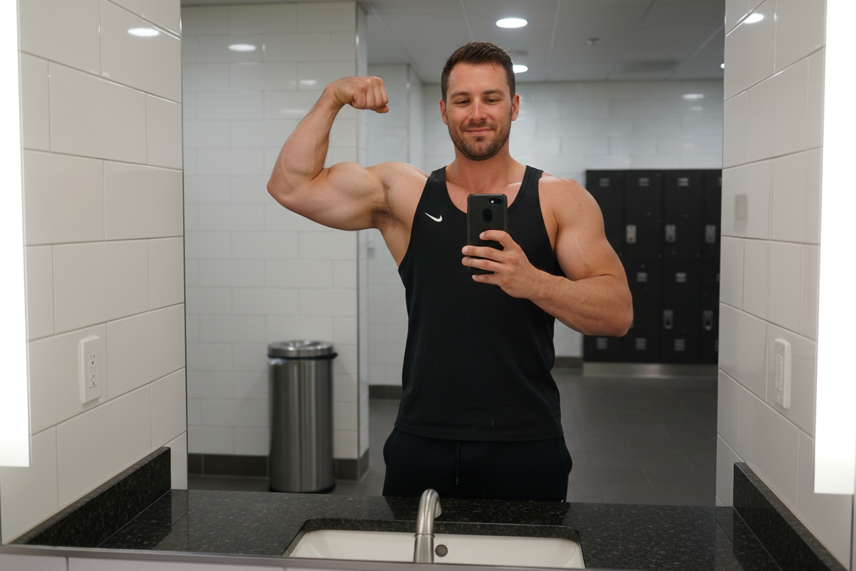 man showing off his toned arms in the bathroom mirror of a gym
